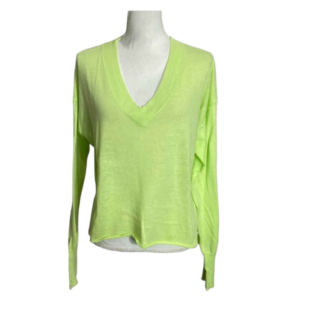NSF Lime Green Lightweight V Neck Sweater Long Sleeve Cashmere Cotton